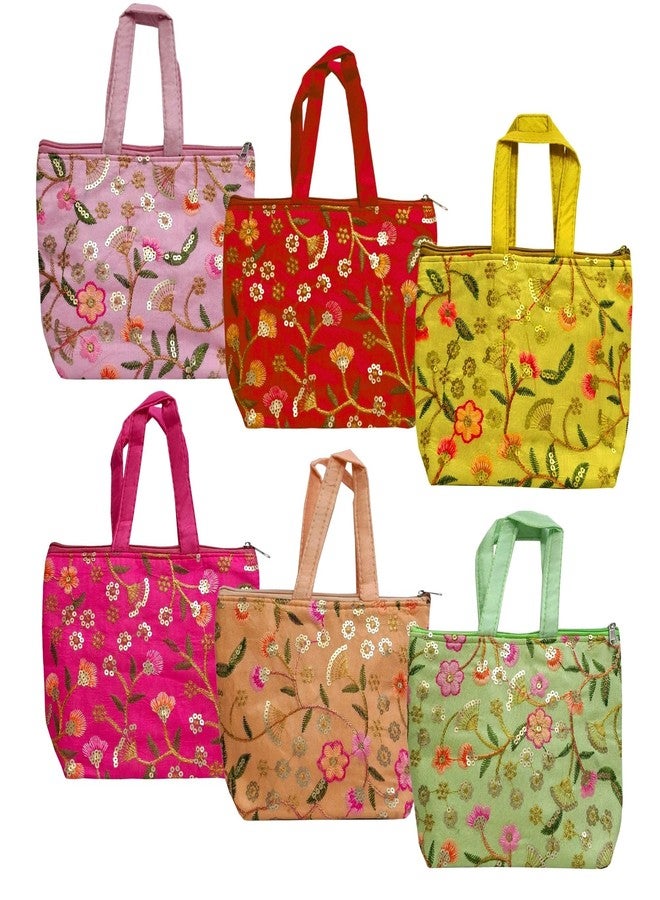 HOMENEX Embroidered Gift Tote Bags - Colorful Zipper Handbags for Women - Traditional Floral Design - Perfect for Weddings, Parties, Return Gifts & Festive Occasions (PACK OF 06) - Image 1